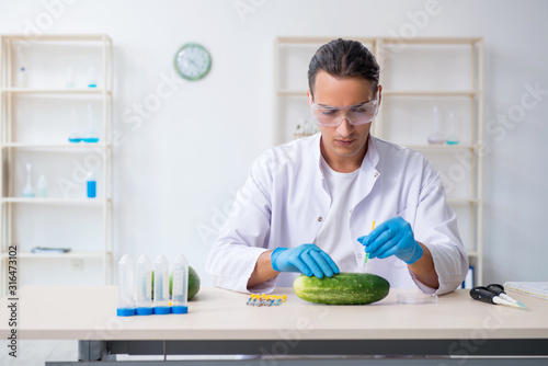Male nutrition expert testing vegetables in lab