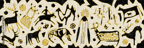 Panel on the ethnic theme. A series of petroglyphs, rock paintings of Central Asia, vector design. 