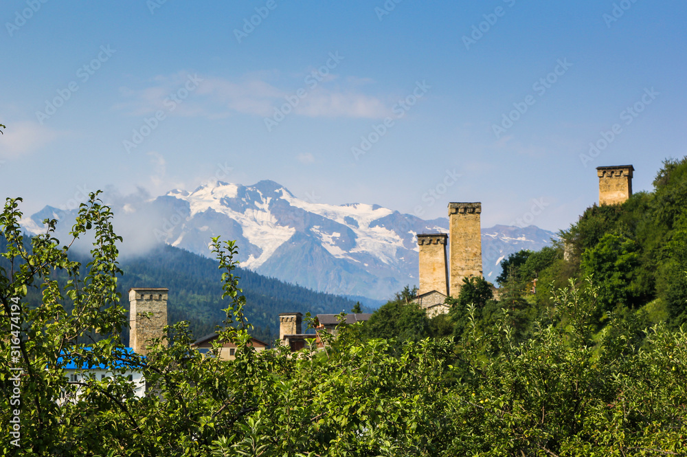 Millennial Towers of the  ancient mountain settlement Ushguli in Svaneti, Georgia