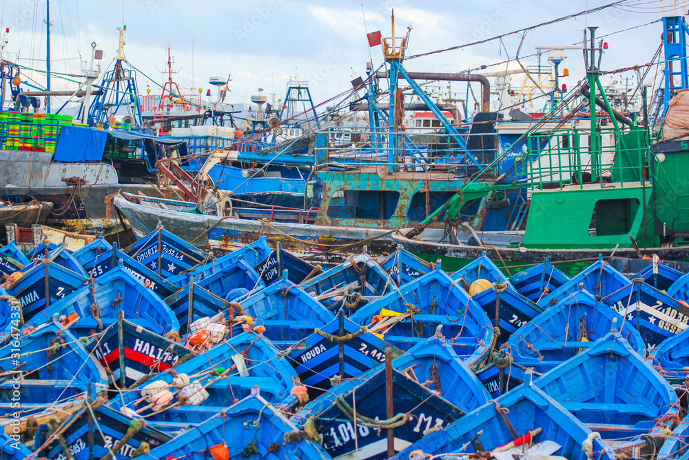Fishing boats docked in the old port of Essaouira