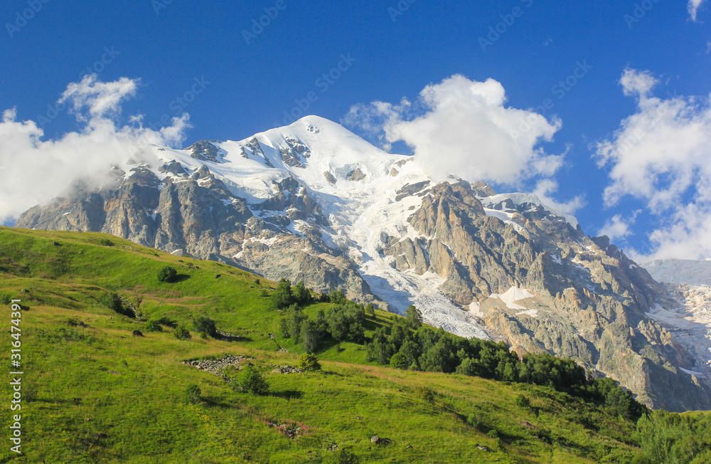 The snow-capped peaks of the Caucasus Mountains in the region of Upper Svaneti in Georgia