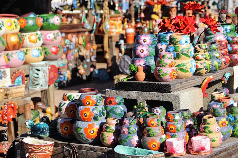 Beautiful colorful Mexican pottery on display
