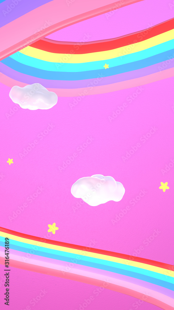 Cartoon magic rainbow road in the pink sky. 3d rendering picture. (Vertical)