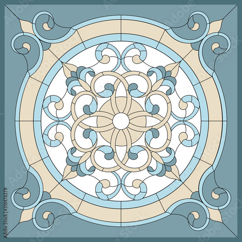 Ceiling panels stained glass window. Abstract Flower, swirls and leaves in square frame, geometric ornament, symmetric composition, stained glass tiffany technique, classic style. Vector