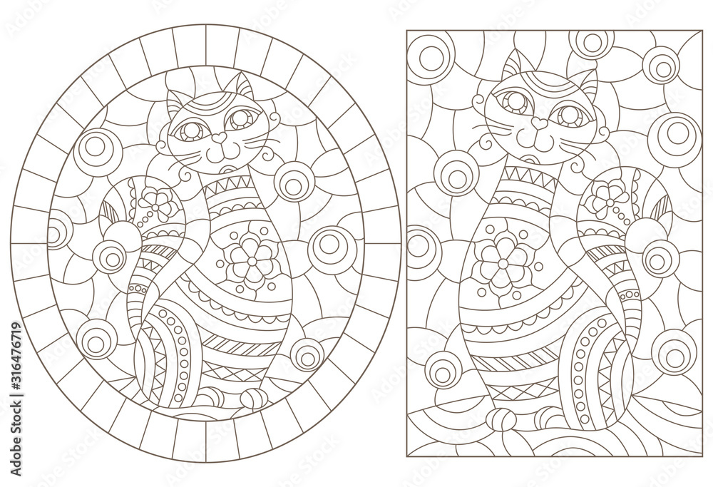 Set of contour illustrations of stained glass Windows with cute cartoon cats , dark contours on a white background Set of contour illustrations of stained glass Windows with cute cartoon cats , dark contours on a white background