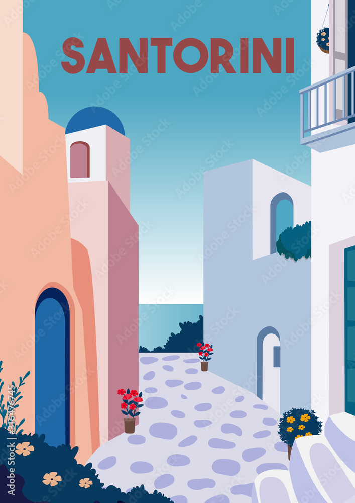 Santorini Vector Illustration Background - obrazy, fototapety, plakaty 