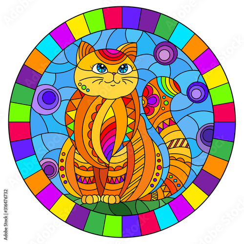 Illustration in stained glass style with abstract cute red cat on a blue background, oval image in bright frame