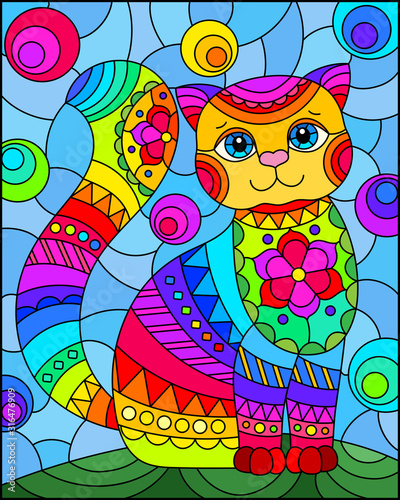 Illustration in stained glass style with abstract cute rainbow cat on a blue background