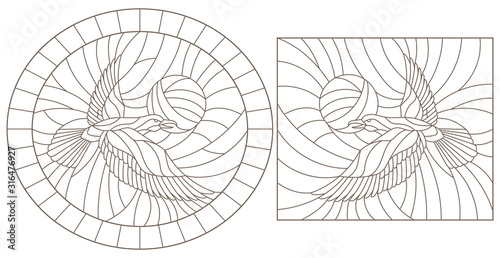 Set of contour illustrations stained glass birds, dark contours on a white background