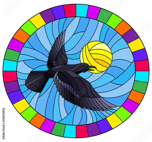 Illustration in stained glass style raven on the background of sky and sun, oval image in bright frame