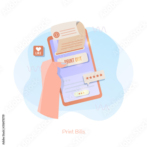 Hand holding smartphone and printing transaction receipts on the mobile screen