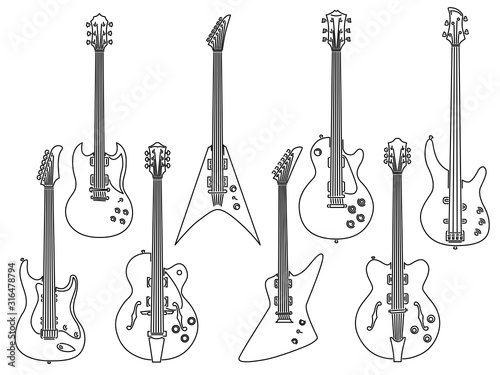 Set of vector stringed electric musical instruments drawn by lines.