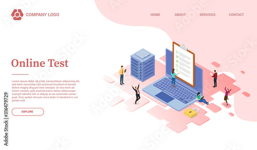 online test or exam website template or landing homepage with isometric style