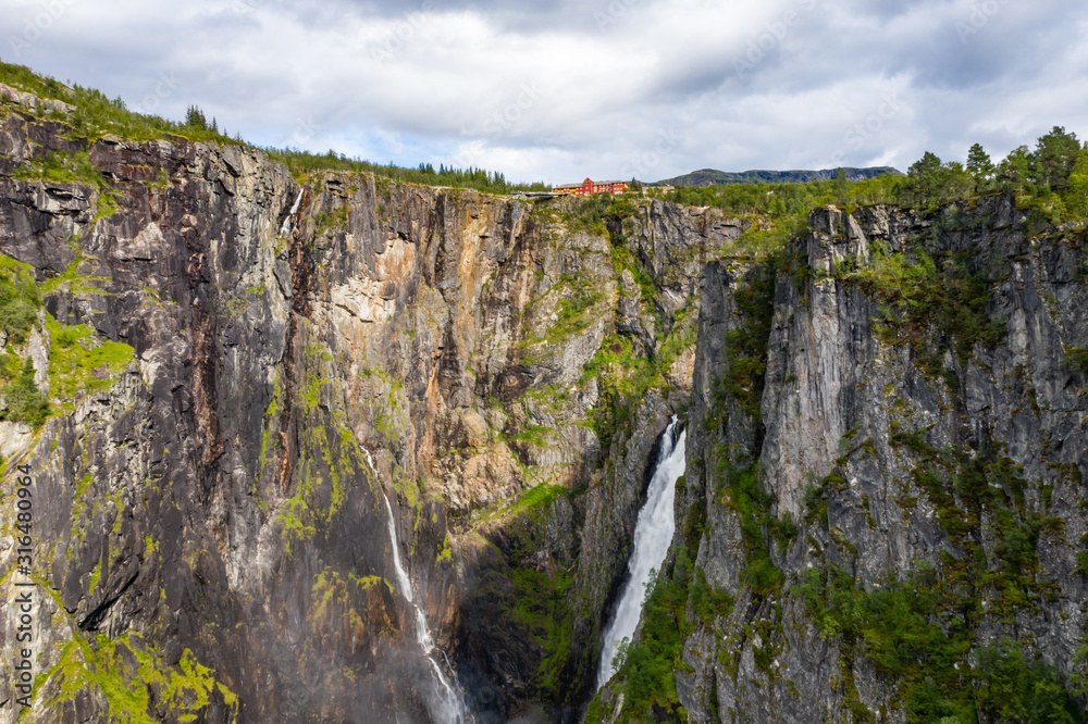 Aerial view of Voringsfossen Waterfall. Hordaland, Norway.
