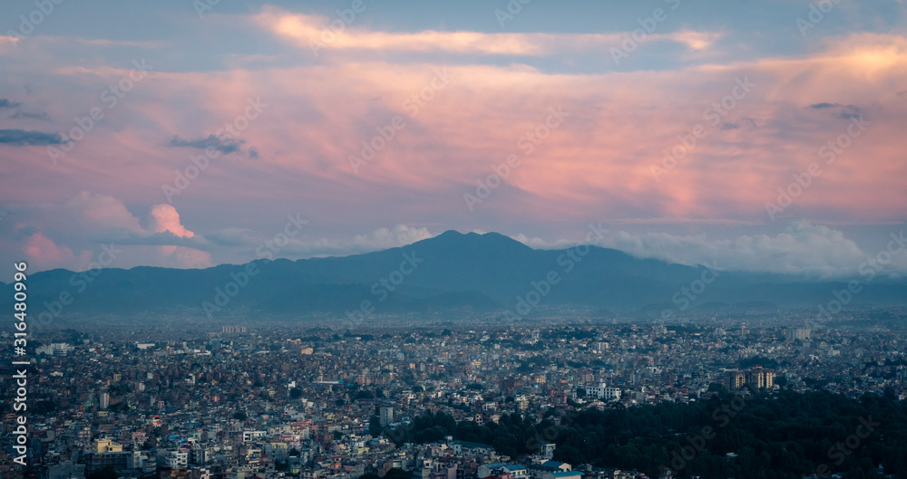 Kathmandu, Nepal. Panorama from Swayambhunath stupa monkey temple during sunset