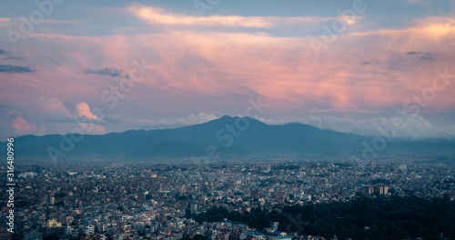 Kathmandu, Nepal. Panorama from Swayambhunath stupa monkey temple during sunset © Michele