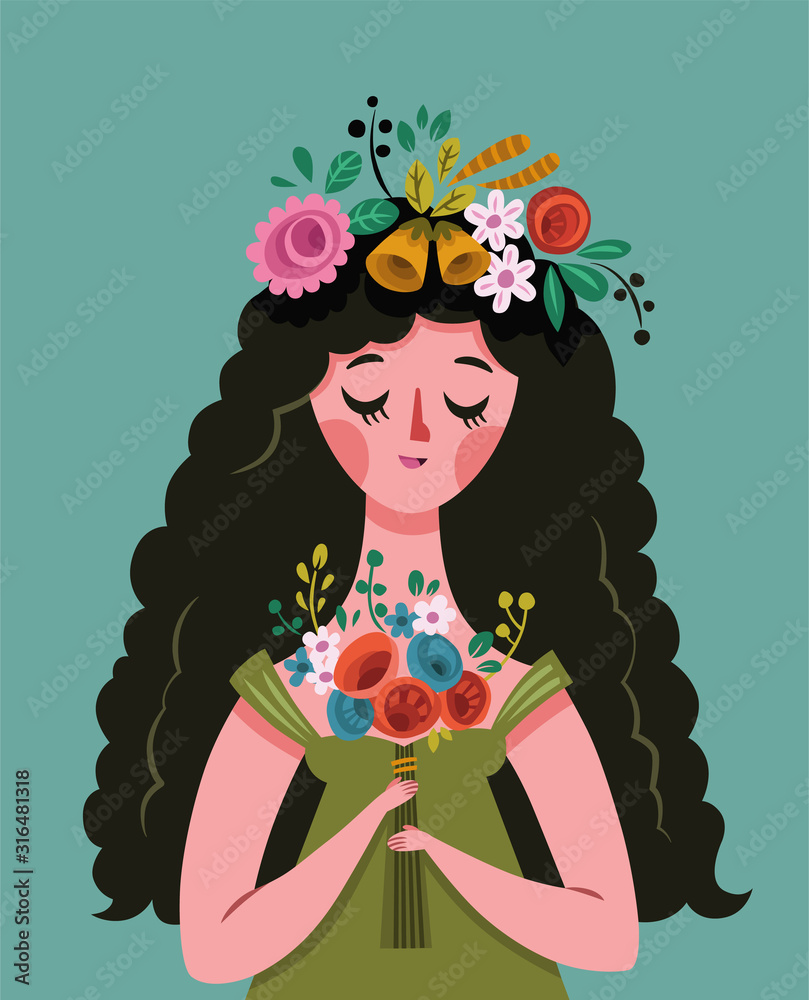Vector illustration of a young Lady and flowers.