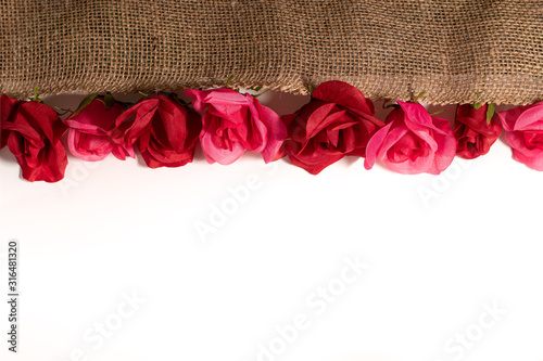 Red and Pink Alternating Roses with Burlap on White Background for Border