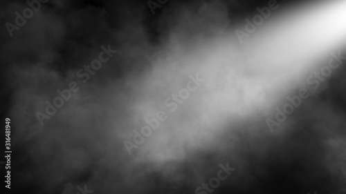 Divine light through a dark fog. The rays beam light on the floor. Spotlight on isolated background. Stock illustration.