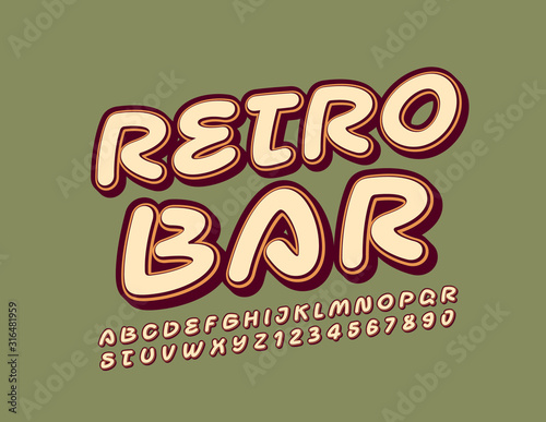 Vector logotype Retro Bar with stylish handwritten Font. Vintage Alphabet Letters and Numbers