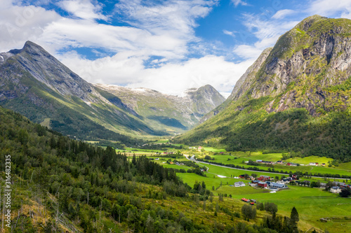 Aerial View of Fjaerland,The village of Fjaerland near Skeisnipa Mountain.