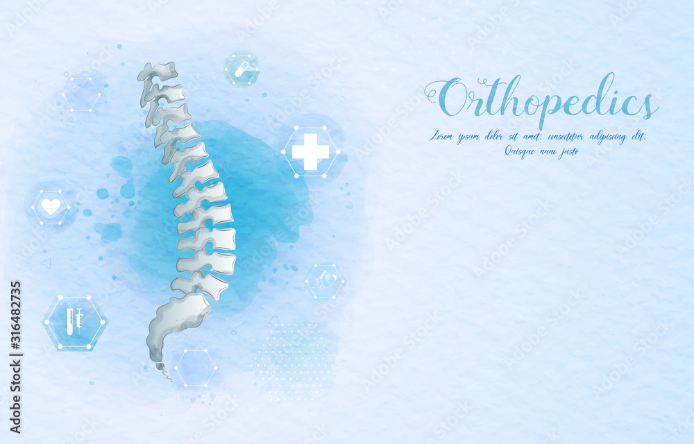 Obraz premium Medical orthopedic watercolor background. Treatment for orthopedics traumatology of spine bones and joints injury. Medical presentation, hospital. Vector illustration