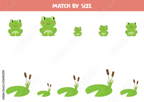 Match cute cartoon frogs by size. Logic game for kids.