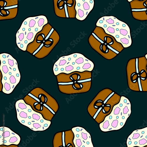 Seamless pattern with easter cake hand drawn ink illustration. Holiday sweet food.