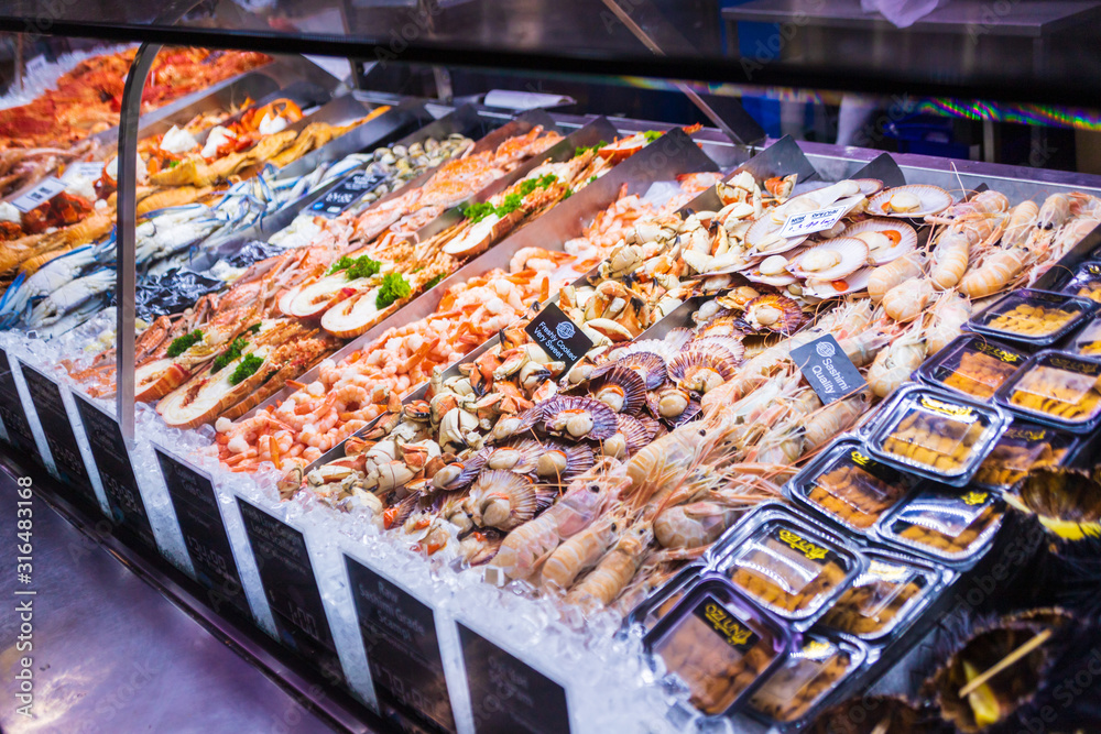Attractive sea food display in Melbourne South Market
