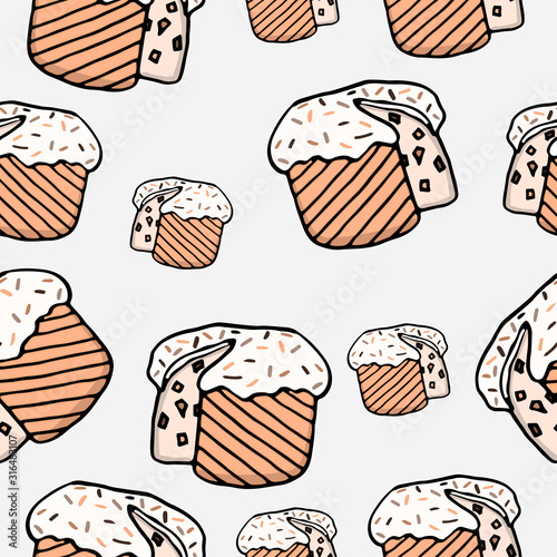 Seamless pattern with easter cake hand drawn ink illustration. Holiday sweet food. Colorful sweet cake.