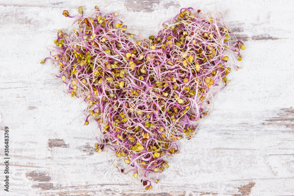 Healthy kale sprouts in shape of heart containing vitamins and minerals Healthy kale sprouts in shape of heart containing vitamins and minerals