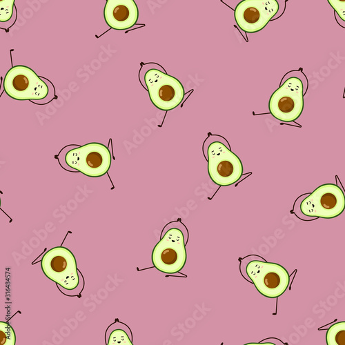 Seamless pattern of Avocado yoga. Avocado character design on white background. Yoga for pregnant women. Cute illustration for greeting cards, stickers, fabric, websites and prints.