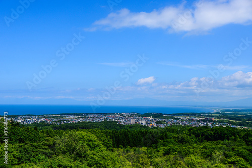 Abashiri city seen from Mt.Tentozan and Shiretoko peninsula View of Hokkaido