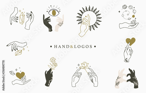 Beauty occult logo collection with hand, rose,crystal,heart,eye,sun.Vector illustration for icon,logo,sticker,printable and tattoo