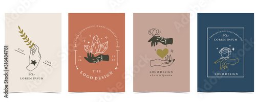 Collection of occult background set with hand,crystal,leaf,heart.Editable vector illustration for website, invitation,postcard and sticker