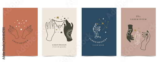 Collection of occult background set with hand,crystal,moon,star.Editable vector illustration for website, invitation,postcard and sticker