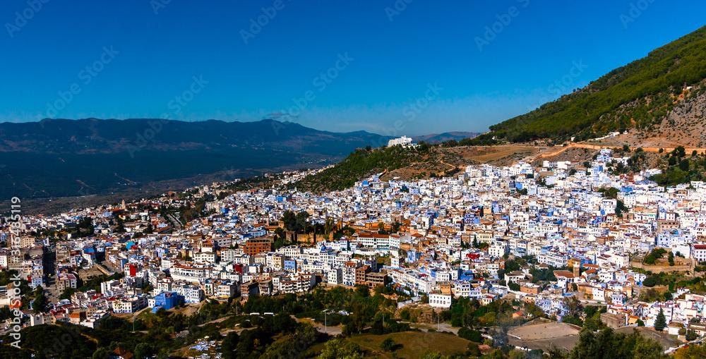 Aerial view of white and blue medina of Chefchaouen, Morocco 