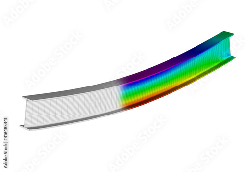 A simple supported I-beam bending under uniform distributed load. Isometric view 3D Illustration of mesh deformation and plot of normal stresses from finite element analysis on white backround