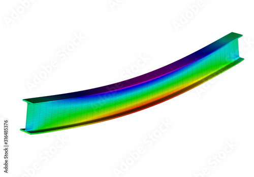 A simple supported I-beam bending under uniform distributed load. Isometric view 3D Illustration of mesh deformation and plot of normal stresses from finite element analysis on white backround