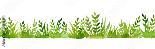 Watercolor border of green grass isolated on white background.