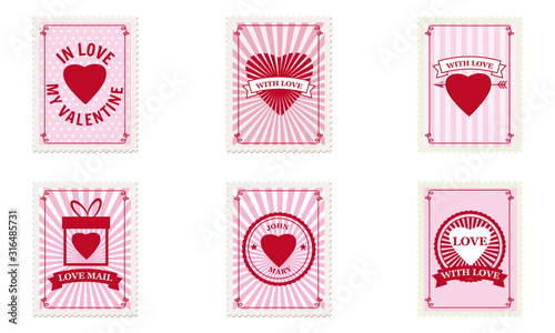 Set Valentine s day postage stamps  collection for postcard  mail envelope