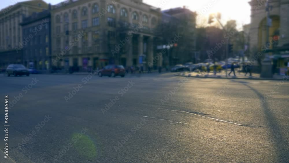 Europe, Ukraine, Kyiv, Khreshchatyk Street. People Crossing Street. Sidewalk Intersection City Street.Transport Vehicles Cars Europe, Ukraine, Kyiv, Khreshchatyk Street. People Crossing Street. Sidewalk Intersection City Street.Transport Vehicles Cars