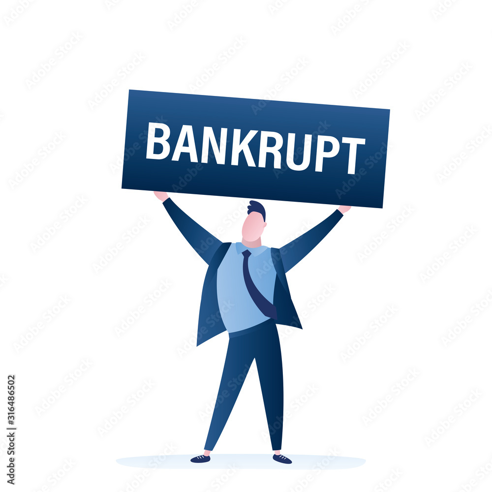 Handsome businessman hold placard with text- bankrupt. Male employee character Handsome businessman hold placard with text- bankrupt. Male employee character