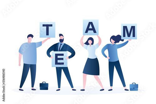 Businesspeople characters holding separated word - Team. Businessmen, businesswomen perfect teamwork.