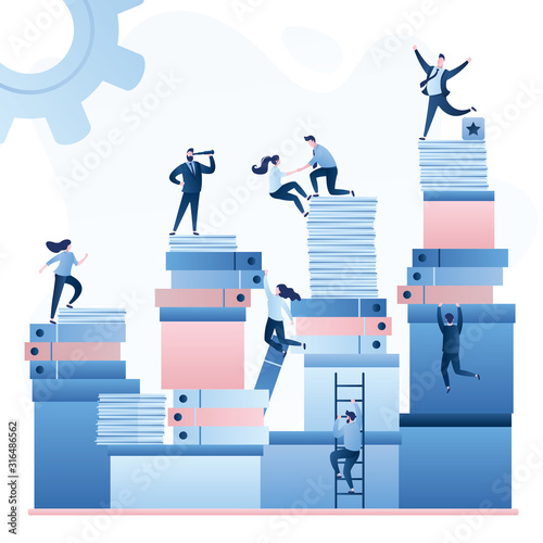 Huge heaps of paper documents and folders. Office work and corporate career. Businesspeople or clerks working.