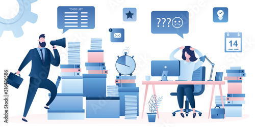 Unhappy female employee look on huge heap of paper documents and folders.