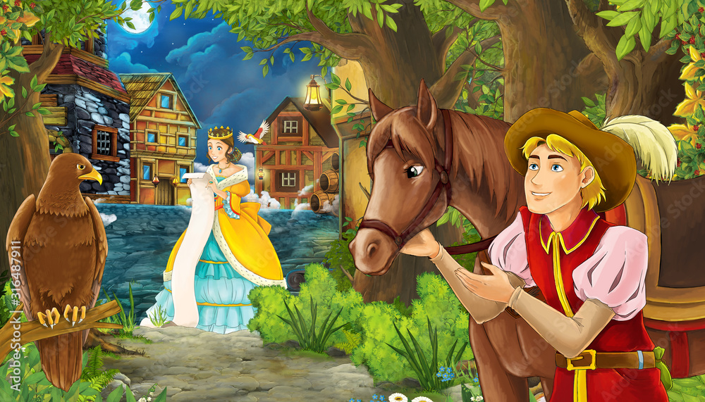 cartoon scene with princess in the forest near the city street and prince  romantic illustration for children Stock Illustration | Adobe Stock