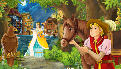 cartoon scene with princess in the forest near the city street and prince romantic illustration for children
