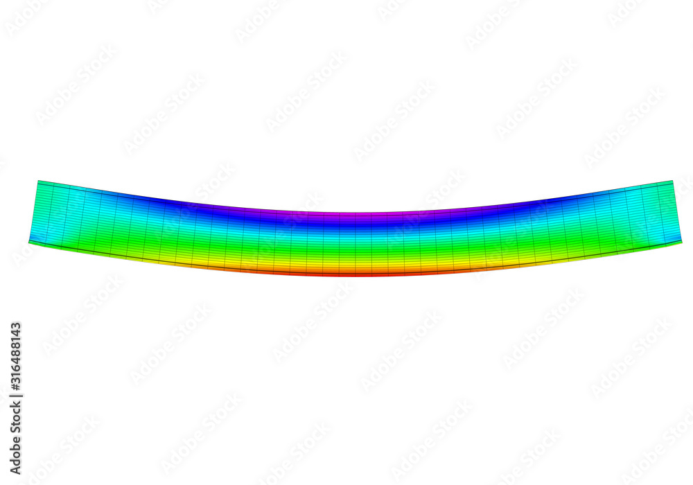 A simple supported I-beam bending under uniform distributed load. Side view 3D Illustration of mesh deformation and plot of normal stresses from finite element analysis on white backround A simple supported I-beam bending under uniform distributed load. Side view 3D Illustration of mesh deformation and plot of normal stresses from finite element analysis on white backround