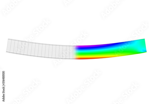 A simple supported I-beam bending under uniform distributed load. Side view 3D Illustration of mesh deformation and plot of normal stresses from finite element analysis on white backround